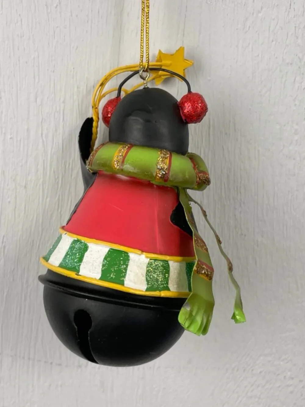 Vintage Metal Penguin Jingle Bell Christmas Ornament Red, Green Black 1980s